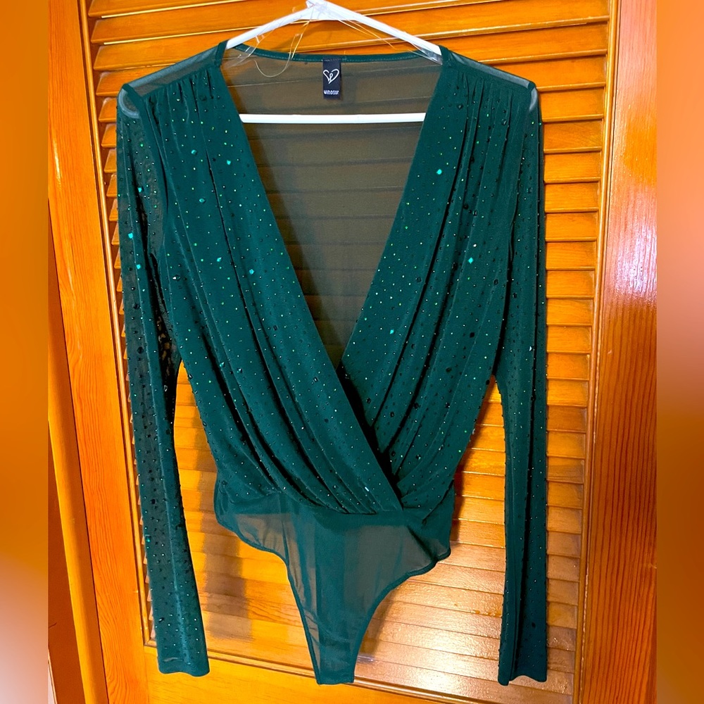 Emerald Green Sheer Sparkle Bodysuit